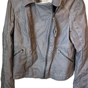 Gray Leather Motorcycle Jacket with Asymmetrical Zipper